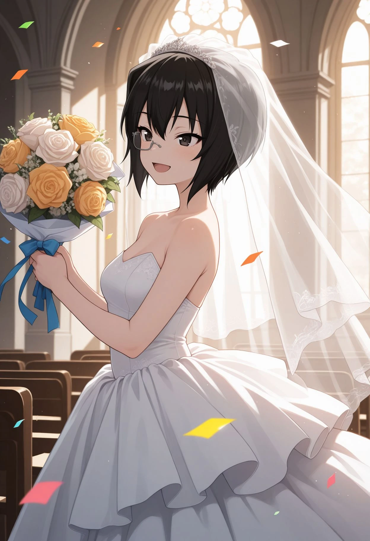 masterpiece,amazing quality,best quality,ultra-detailed,8K,illustration, amazing quality, newest, absurdres, \(texture\), vivid colors, , ,perfect body, perfect face, rim lighting,
<lora:Kawashima Illu:1> gupmomo, monocle, black hair, short hair, 1girl, black eyes, under-rim eyewear, wedding dress, veil, church, holding bouquet, (confetti:1.1), smile, open mouth, white dress, wedding dress), indoors,