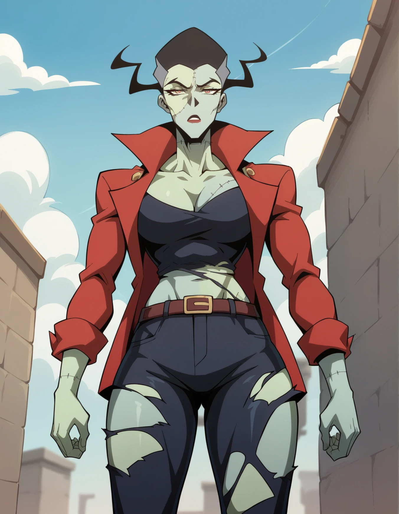 woman, colored skin, red jacket, cleavage, torn shirt, athletic, stitched skin, still shot, solo, thighs, standing, tall woman, looking at the viewer <lora:The_Bride:0.8> br1de, score_9, score_8_up, score_7_up, score_6_up, 2d, digital art, masterpiece <lora:Expressive_H:0.4> expressiveh <lora:princess_xl_v2:0.3> <lora:g0th1c2XLP:0.3> g0th1c