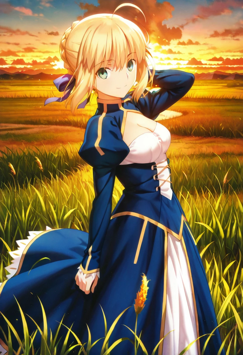 masterpiece, best quality, absurdres, detailed skin, detailed face, detailed eyes, anime colored, anime screencap, anime colored,
<lora:Artoria_Pendragon:0.8>, artoria pendragon, 1 girl, green eyes, hair bun, blue dress, cleavage, to the side, looking at viewer, smile,
dusk, wind, grasslands,