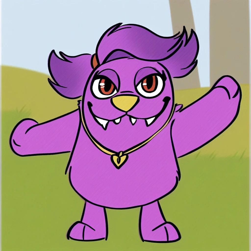 beffica(Character), purple fur, female, Solo, full body, outside, smile, fangs,