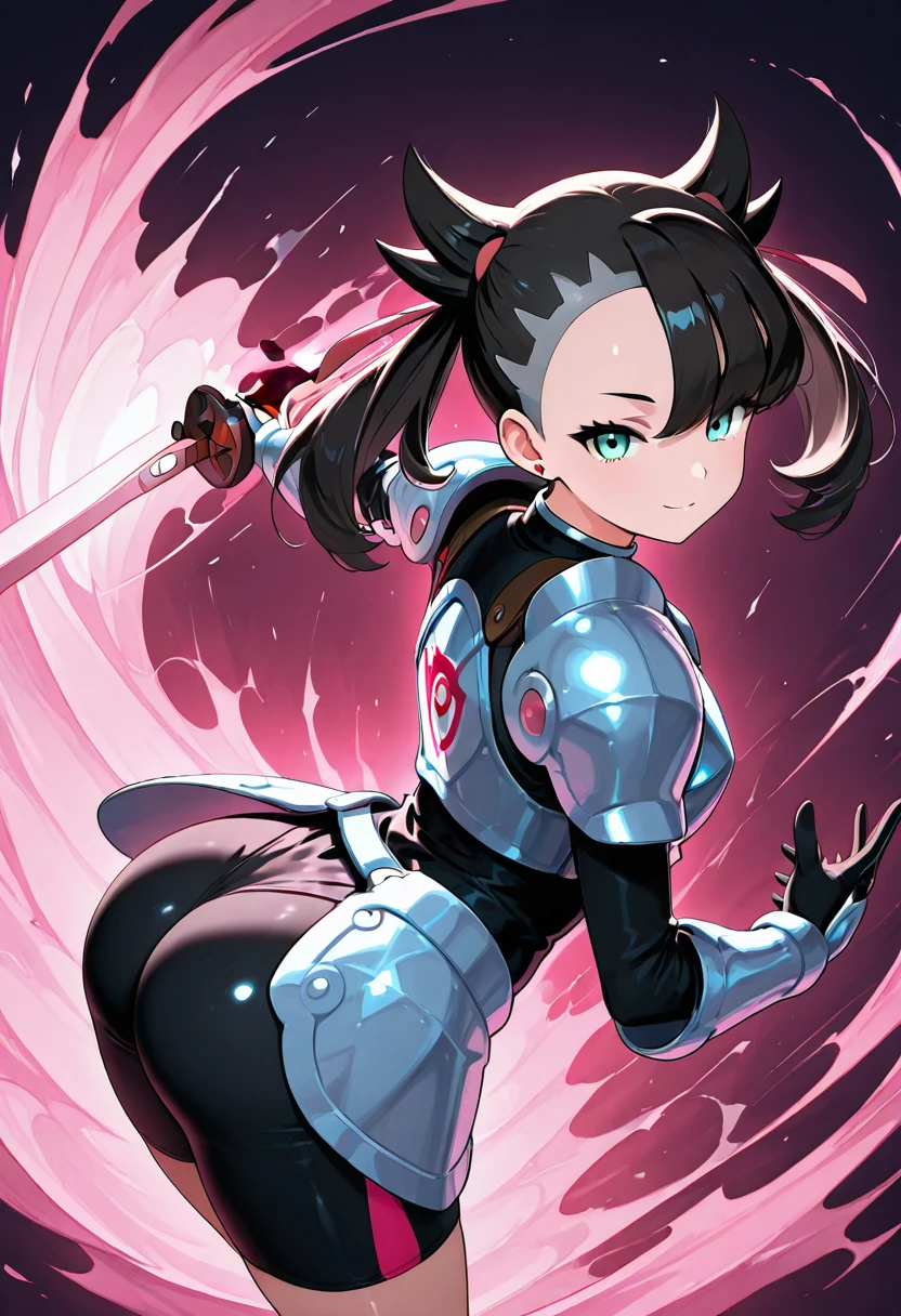 masterpiece, best quality, solo, curvy, beautiful eyes, zzMarnightCitron, aqua eyes, black hair, asymmetrical bangs, twintails, hair ribbon, ribbon, jewelry, earrings, medium hair, armor, shoulder armor, breastplate, gloves, black gloves, dynamic pose, sword, incoming attack, motion lines, , <lora:MarnightCitronOC_IXL_v1:1.0>, side view, ass, leaning forward, cowboy shot, smile, looking at viewer, shiny skin,