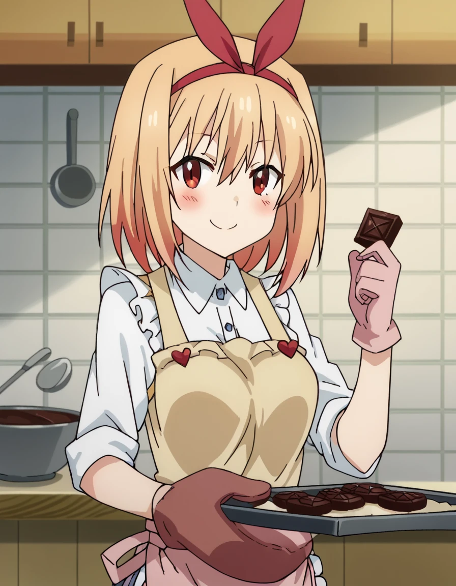score_9, score_8_up, score_7_up, source_anime, <lora:kaori-ayase-s1-ponyxl-lora-nochekaiser:1>, kaori ayase, short hair, blonde hair, hair ribbon, hairband, red eyes, medium breasts, anime screencap,, <lora:baking-cookies-ponyxl-lora-nochekaiser:1>, baking cookies, looking at viewer, blush, smile, gloves, holding, frills, food, indoors, apron, chocolate, cookie, oven mitts,, , cowboy shot, solo