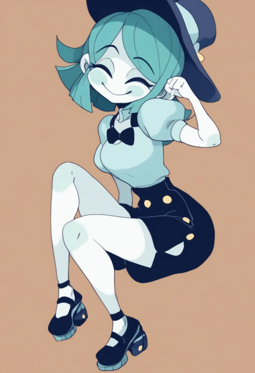 1girl, aqua hair, closed eyes, colored skin, hat, jewelry, puffy short sleeves, short hair, smile, white skin, full body <lora:fake type:1> fake-type, score_9_up, score_8_up, score_7_up, score_6_up, masterpiece, best quality,