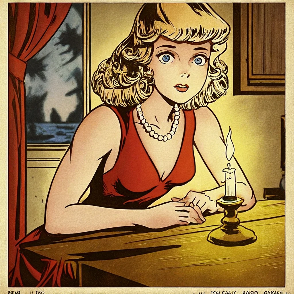 1girl, solo, flapper girl, 1920s flapper dress, curly ginger hair, waist-length hair, blue eyes, small breasts, collarbone, toned body, gold jewelry, pearl necklace, Art Nouveau curves, romantic, BREAK, close-up, from other side of table, sitting across from, dynamic angle, tearful expression, longing gaze, looking at viewer, across table, leaning forward, vintage table, candlelight, BREAK, indoors, 1920s speakeasy, wooden interiors, dim lighting, Art Deco details, soft jazz, blurred patrons in background, red velvet curtains, gold accents, BREAK, (safe_pos, fine texture, masterpiece, ultra-detailed, very aesthetic, absurdres, volumetric lighting, scenery), rating_safe, source_cartoon, source_comics, official style, original art style, vintage comic, sepia tones, ink crosshatching,