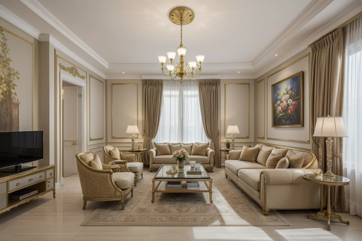 <lora:JJsAffordableLuxury:1> , ((affordable luxury)), ,ultra realistic, masterpiece, best quality,tv , ceiling light, (fabric sofa), table, flower, curtain, window, bed, painting, center composition, photography, capturing moments, storytelling, creative composition
