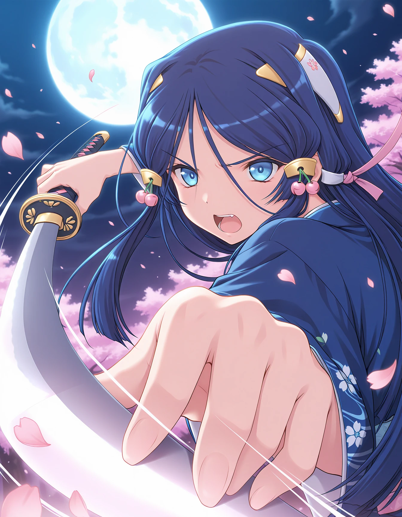 masterpiece, best quality, official art, amazing quality, ultra highres, very aesthetic, highly detailed, best hands,
1girl, solo, miki, blue hair, long hair, blue eyes, beautiful detailed eyes, hair ornament BREAK
kimono,
serious, shouting,
weapon, sword, katana, holding weapon, holding, holding sword, foreshortening,
outdoor, cherry blossom storm, moon night, speed lines, sharp focus, depth of field
<lora:ichinose miki v1.1-000010:1> <lora:gatotsu-stance-illustriousxl-lora-nochekaiser:1>