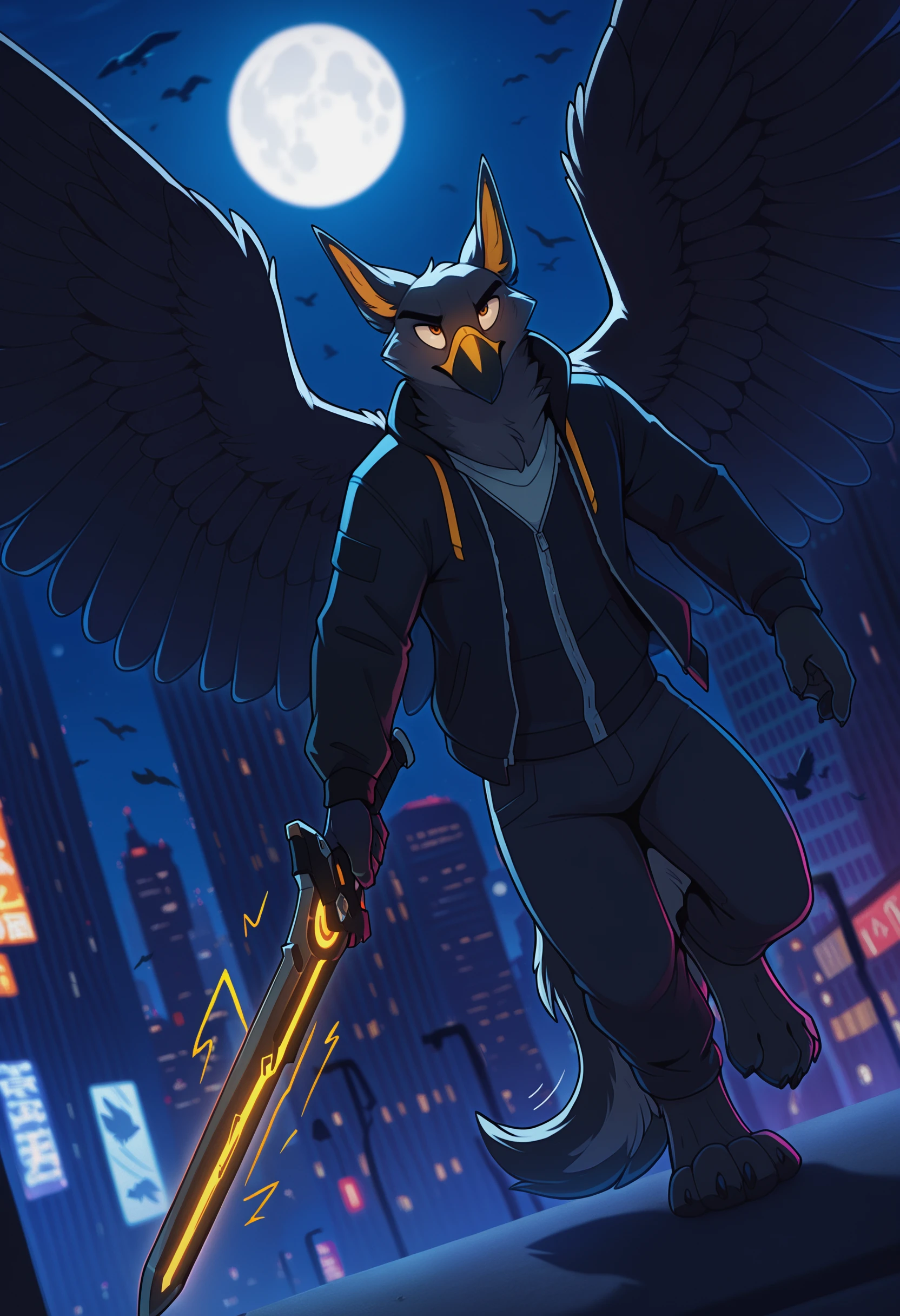 depth of field, blurry background, eye reflections, reflections, dutch angle, anthro, adult, furry, no humans, tail, sound effect, close up, sound effect, motion lines, by ango76, <lora:Ango76_Artist_Style_Illustrious:1.0>, masterpiece, best quality, amazing quality, very aesthetic, absurdres, newest, city, weapon, anthro, moon, bird, night, flying, sword, holding, holding weapon, avian, cityscape, male, feral, clothing, holding sword, jacket, full moon, tail, black jacket, science fiction, solo, robot, building, 1boy, male focus, wings, outdoors, no humans