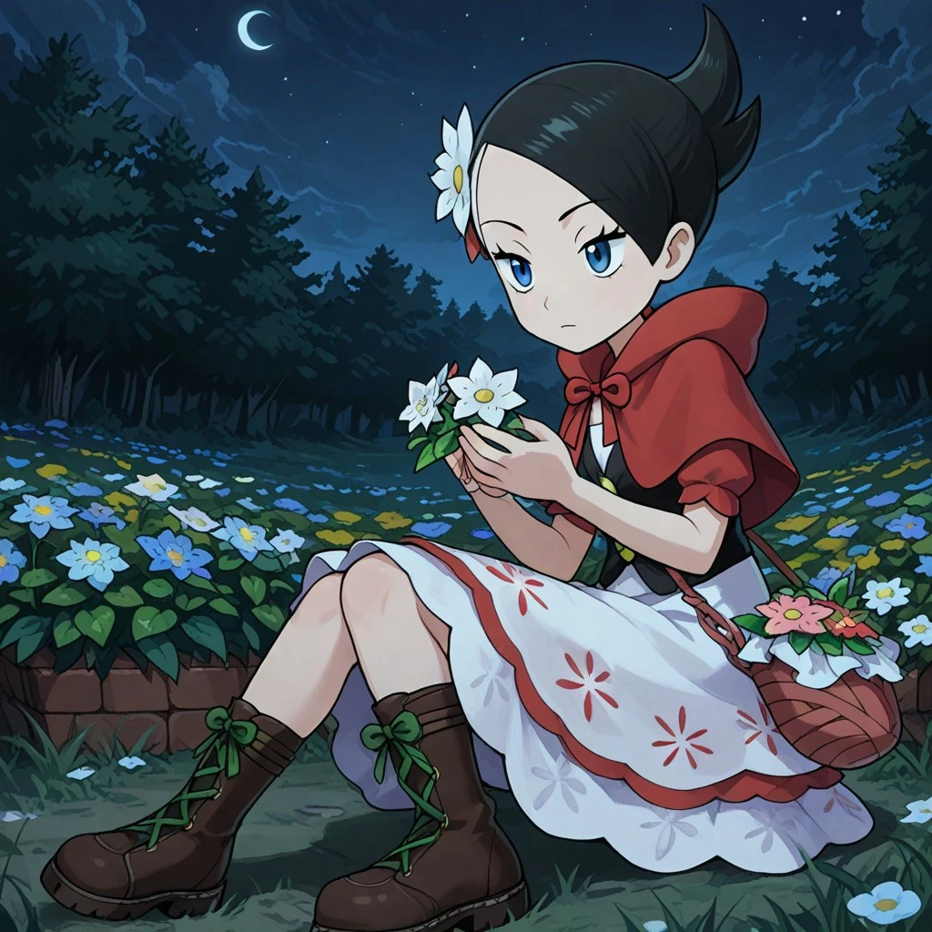 masterpiece, best quality, amazing quality, 1girl, solo, sitting, night, sky, palmarley, palmar, marley_\(pokemon\), black_hair, blue_eyes, hair_flower, white_flower, black_vest, red_dress, red_capelet, white_dress, short_sleeves, brown_basket, boots, brown_footwear, cross-laced_footwear, green_laces, brown_basket, from_side