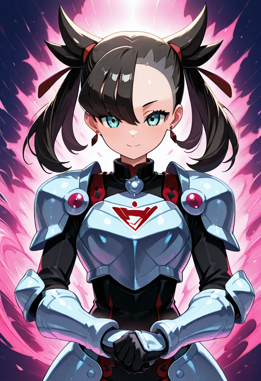 masterpiece, best quality, solo, curvy, beautiful eyes, zzMarnightCitron, aqua eyes, black hair, asymmetrical bangs, twintails, hair ribbon, ribbon, jewelry, earrings, medium hair, armor, shoulder armor, breastplate, gloves, black gloves, , <lora:MarnightCitronOC_IXL_v1:1.0>, upper body, side view, smile, looking at viewer, shiny skin,<lora:HaradaTakehitoIXL_v3:0.5>, <lora:ZankuroIXLLight_v2:0.5>,
