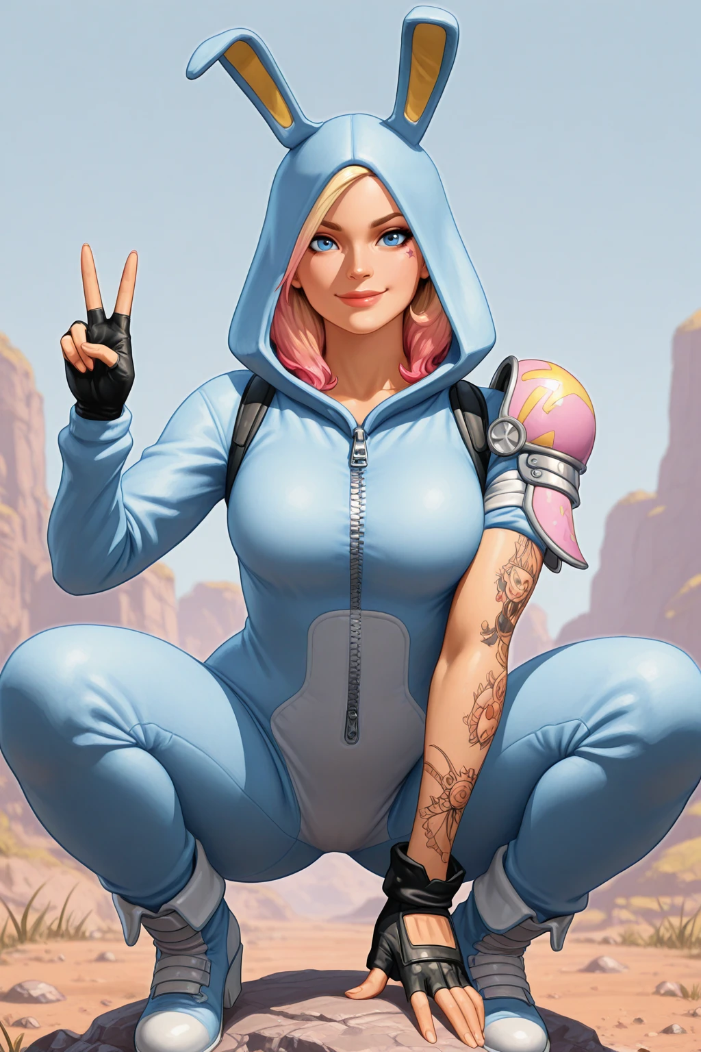 masterpiece, good quality, best quality, very awa, very as2, absurdres, highres,
<lora:Bunny Brawler PennyilluLoRA:1>bnnybrwlpnny, short hair, multicolored hair, gradient hair, animal hood, onesie, shoulder straps, single shoulder armor, zipper, fingerless gloves, single long sleeve, tattoo, single bracer, boots, squatting, smile, V sign
<lora:80FantasyStyleilluLYCO:1> fantastyle, cowboy shot
