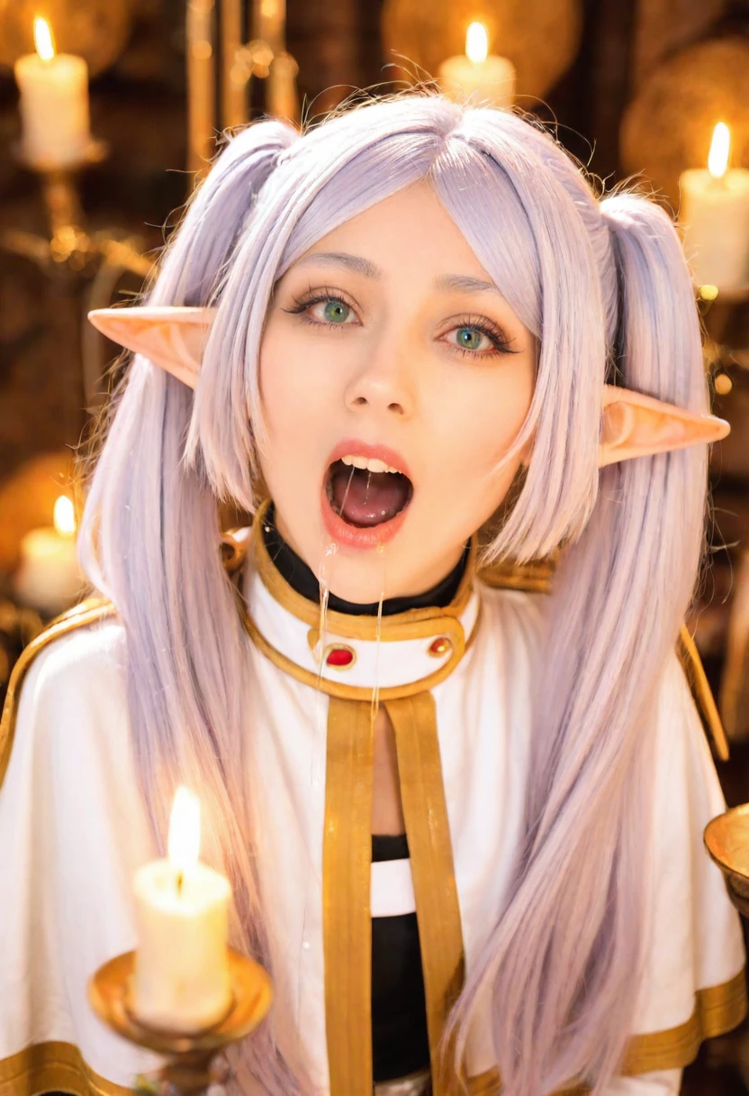 From front,(realistic,photorealistic:1.2),(masterpiece,best quality,highres,absurdres:1),4K photo,cosplay photo,movie stills,portrait, photography shot with Canon EOS 5D Mark IV,1girl,
sousou no frieren,frieren,elf,long hair,pointy ears, white capelet, long sleeves,solo,twintails,white hair, gold trim,(green eyes, looking at viewer) and facing viewer,
skin texture,detailed facial features,real face,orgasm face,female orgasm, orgasm, (open mouth:1.2), teeth,Upper Body,(saliva trail, saliva,saliva drip),lips, parted lips,screaming,
(fine fabric emphasis),depth of field,bokeh ,Dungeon Background,Candle <lora:noobXL-realistic-V2.1:0.5> <lora:female orgasm-noob-V1:0.7>, <lora:realistic-Illustrious-V1.5:0.4> <lora:cosplay photo-noob-V2:0.25> <lora:noob-skin texture-V2:0.25>,