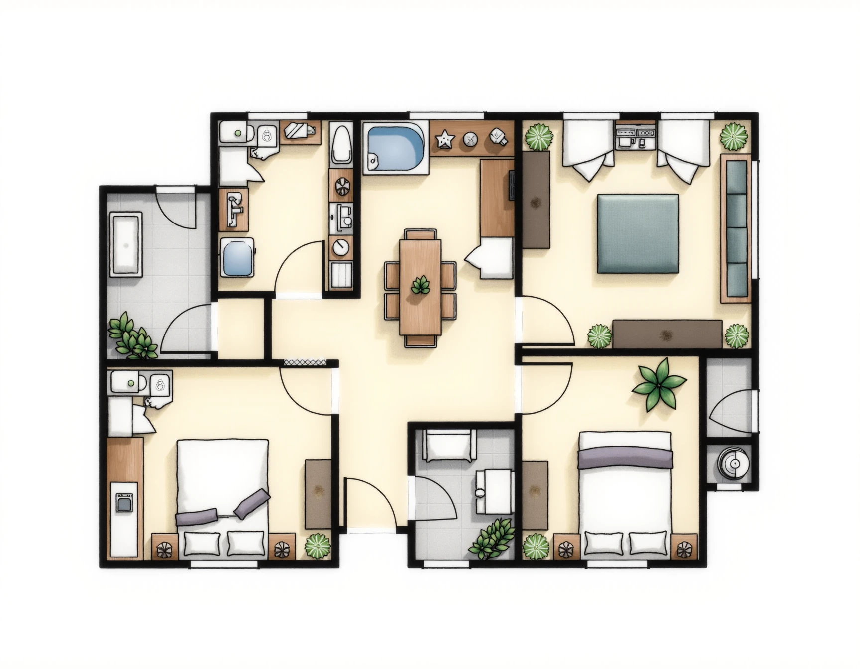 <lora:JJsFloorPlan_Flux:1> ,(floor_plan), , ((best quality)),((masterpiece)),no humans, (2D), door, plant, sink, bathroom, comic, window, indoors, tiles, table, flower, toilet, potted plant, bed, , white background, ((water color)),enough detail, high resolution,highly detailed, high quality,