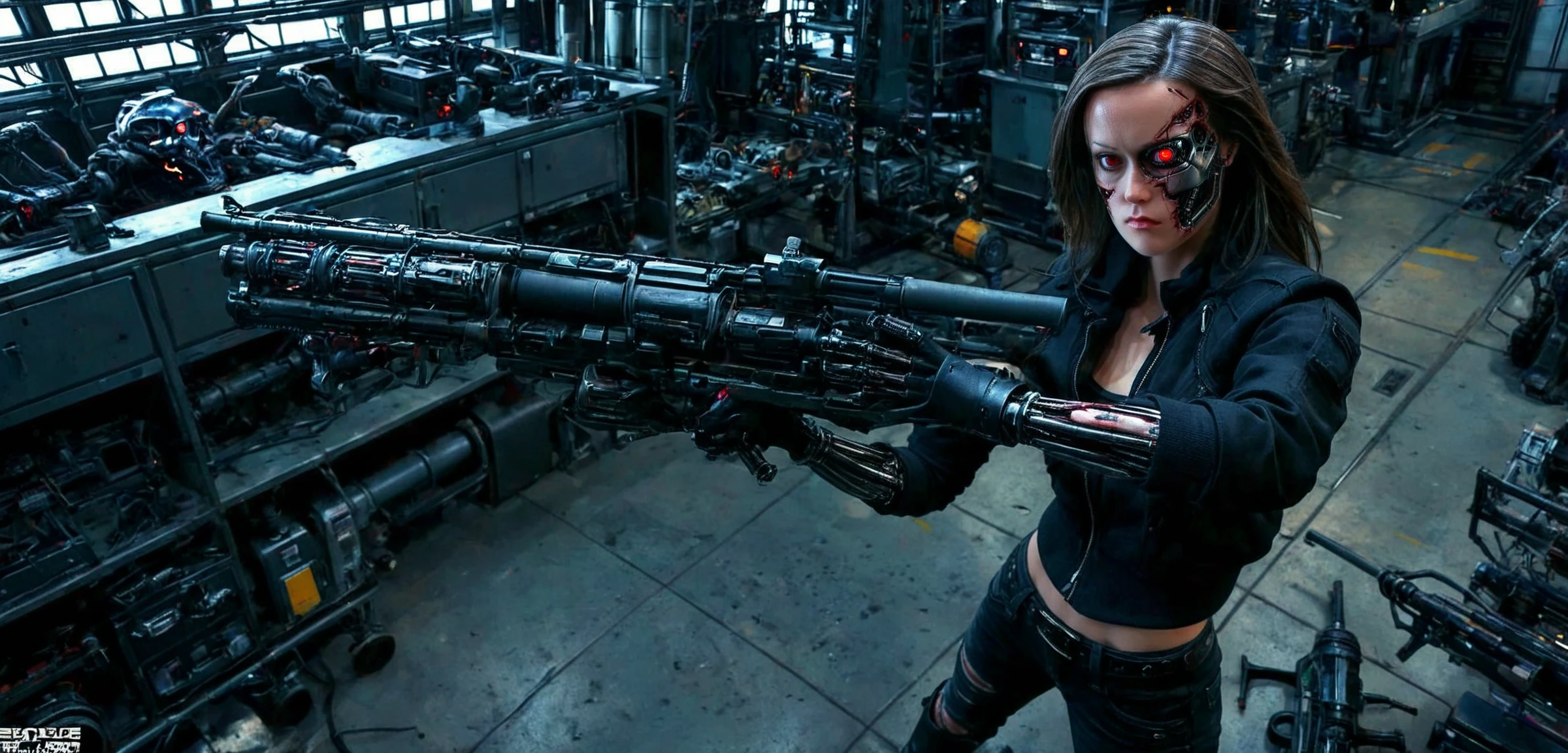 <lora:smgl _v1_ec:1>,smgl woman,crop jacket,shirt,belt,pants,boots,gloves,
(holding long weapon:1.2),massive weapon with stock,big gunbarrel,scope,
<lora:dmgfcend_v2_ec:0.75>,a smgl woman,damaged face,red eye,cybernetic,mechanical arm,plasma weapon,from above,factory,dynamic,motion,t-800,fighting,endoskeleton,
woman versus endoskeleton,, ,