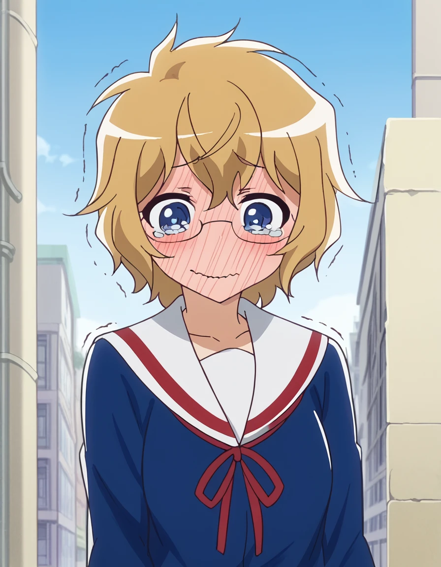 score_9, score_8_up, score_7_up, source_anime, <lora:mayura-momouchi-s1-ponyxl-lora-nochekaiser:1>, mayura momouchi, short hair, blue eyes, blonde hair, brown hair, glasses, medium breasts, anime screencap,, skirt, school uniform, serafuku, blue shirt, white sailor collar, ribbon, grey skirt, pleated skirt,, alley, narrow, urban, dark, buildings, , <lora:ijimeka-ponyxl-lora-nochekaiser:1> ijimeka, ijimeka (meme), meme, full-face blush, trembling, embarrassed, wavy mouth, tears, tearing up, blush, looking down, cowboy shot,, looking at viewer, solo,, cowboy shot, solo