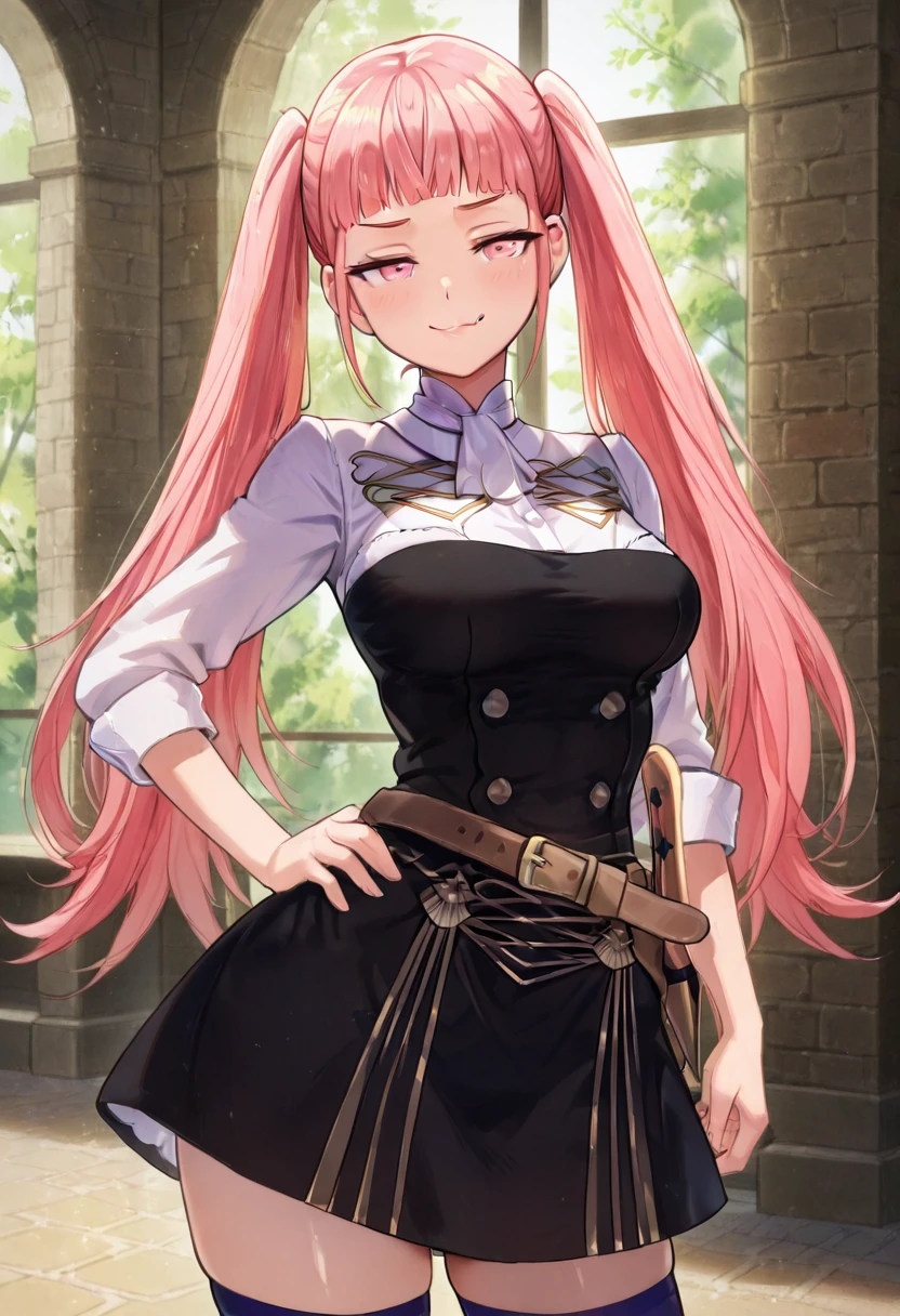 masterpiece, best quality, solo, curvy, beautiful eyes, zzHilda, pink eyes, long hair, pink hair, twintails, garreg mach monastery uniform, uniform, belt, thighhighs, blunt bangs, zettai ryouiki, medium breasts, black dress, , <lora:HildaValentineGoneril_IXL:1.0>, cowboy shot, hand on hip, smug, smile, looking at viewer, shiny skin,<lora:ElfFio_IXL_v2:0.5>,