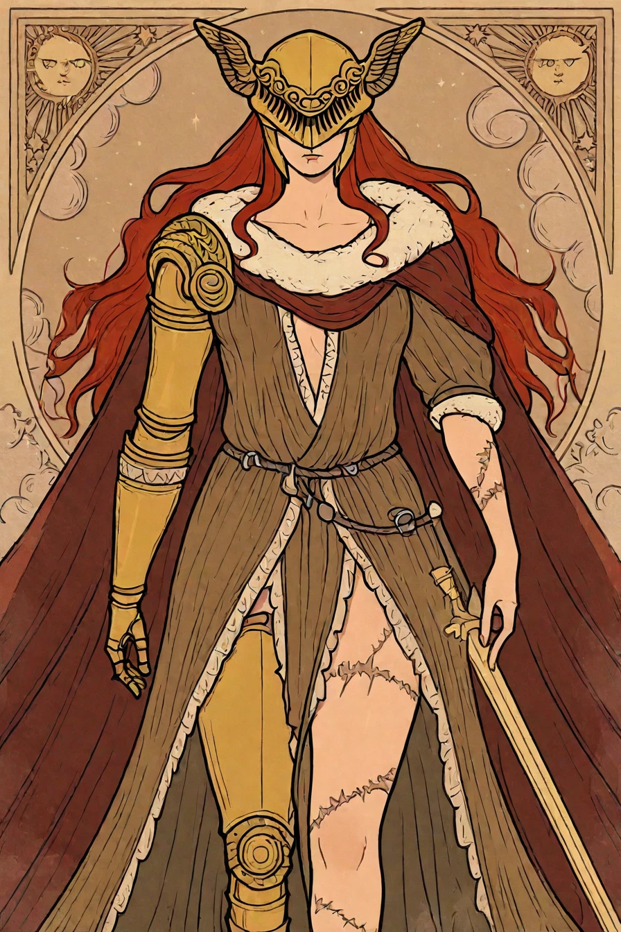 <lora:Malenia_pdxl_Incrs_v2:0.6>, malenia blade of miquella, malenia, red hair, covered eyes, helmet, fur trim, brown dress, red cape, armor, single scar on arm, single mechanical arm, mechanical leg, 1girl, solo, alone, <lora:tarot_illustration_style_illustriousXL-000025:0.8>, tarot_illustration_style, masterpiece, highres