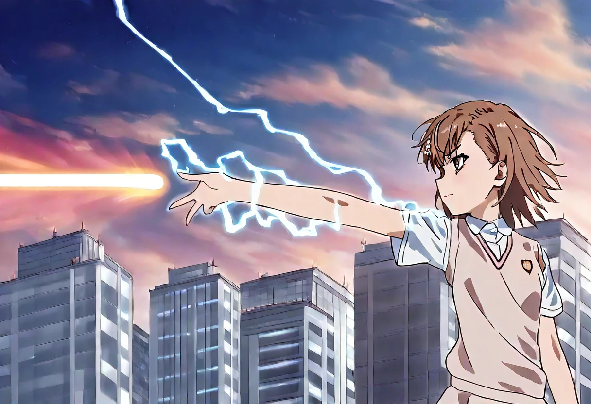 mikoto misaka, short hair, brown hair, hair ornament, hair flower, brown eyes, tokiwadai uniform school, 1girl, solo, alone, <lora:railgun_technique_illustriousXL-000015:1>, orange beam, energy beam, from side, looking to the side, electricity, electrokinesis, one-arm outstretched, city background, masterpiece, highres