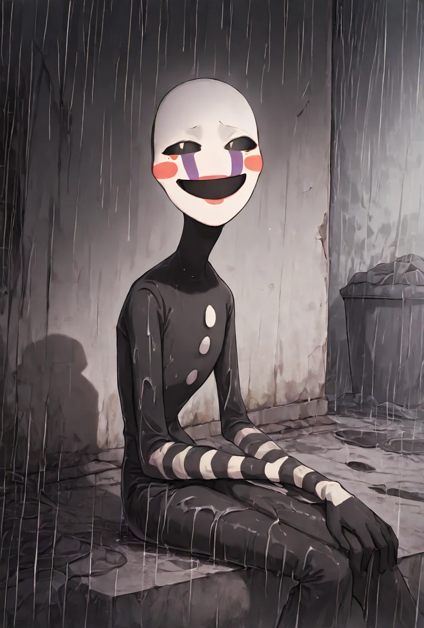 <lora:puppet-09:1> puppet, solo, mask, black bodysuit, smile, open mouth, blush stickers, striped, purple tear streaks, small eyes,(( no pupils, black empty sockets, black sclera)), rain, heavy rain, dark rain, raining, gloomy, dark forest, gray sky, heavy dark rain, depressing day, sad weather, standing, upper body, sitting in alley way, street corner alleyway, street hallway, trashcans, trash bags, posters, garbage, ray tracing effect, water puddles, grime, dirty walls, tilted head, dead, soulless pose, depressing, <lora:Murals_IL:1> mur4ls, sketch <lora:illustrious_quality_modifiers_masterpieces_v1:1> masterpiece, very aesthetic, absurdres, ((leaning agaist a wall, back against wall, leaning on wall, )), (best shadow:1.2100000000000002), rainy day lighting,, (Depth of field:1.2100000000000002), beautiful detailed street glow, masterpiece, best quality, amazing quality, very aesthetic, absurdres, newest,