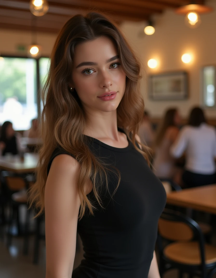 <lora:Dasha_Taran_Flux:1> This a a beautiful photograph of a women standing in a cafe, subtle smile. looking at the viewer. brown hair cascading over her shoulders and is wearing a form fitting dress.