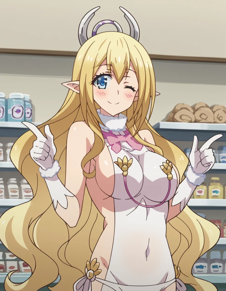 score_9, score_8_up, score_7_up, source_anime, <lora:liala-s2-ponyxl-lora-nochekaiser:1>, liala, long hair, blue eyes, blonde hair, large breasts, very long hair, horns, pointy ears, anime screencap,, gloves, bare shoulders, see-through, sideboob, covered navel, pink bowtie, turtleneck,, shop, items, counter, customer, shelves, , <lora:double-finger-gun-ponyxl-lora-nochekaiser:1>, double finger gun,, blush, smile, one eye closed, from side, looking at viewer, solo,, cowboy shot, solo