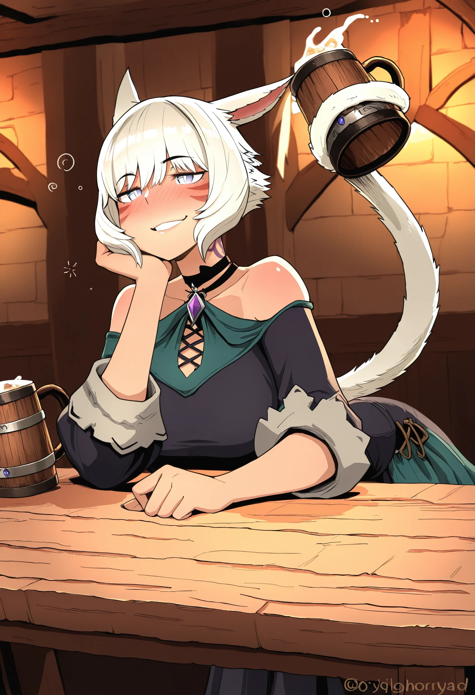 masterpiece,best quality,amazing quality, prehensile tail, tail gripping, holding with tail, tail gripping tankard, 1girl, y'shtola rhul, miqo'te, tavern, head rest, hand on table, (drunk:1.1),blush, smile, dress,
<lora:Holding with tail (Illustrious) v1:1>