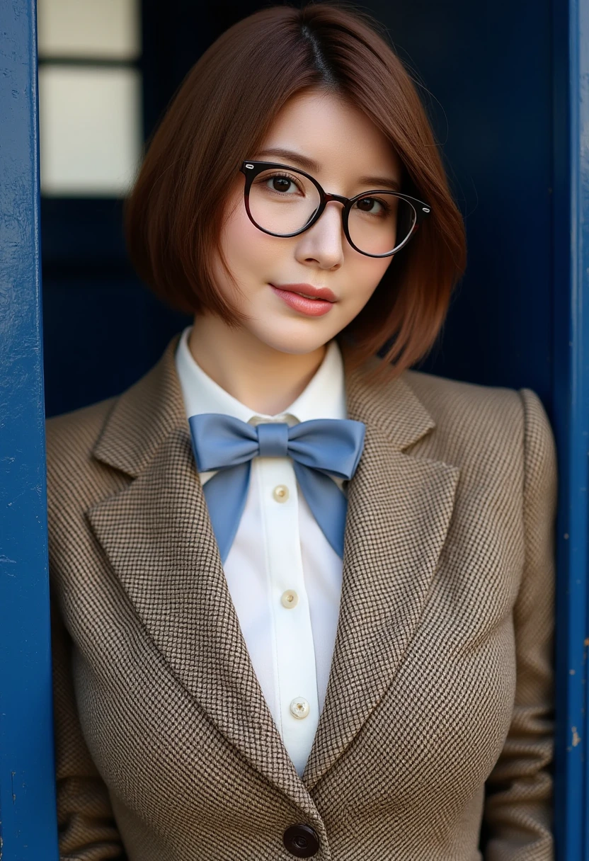 closeup portrait photo of hikarunagi, a woman with short brown hair and brown eyes. She is dressed as Doctor Who, wearing glasses, a tailored tweed jacket, which gives her a somewhat scholarly appearance. The jacket has a vintage feel but is also practical for her adventurous lifestyle. Underneath the jacket, she wears a button-down shirt, in white or light blue. The shirt is simple, but combined with the rest of her outfit, it adds to the overall mix of classic and modern styles. She has her signature bow tie. Her trousers are slim-fit and match the style of the jacket. Her posture and expression is that of a confident and carefree Time Lady. She is leaning against the door of the TARDIS, a blue Scottish phone booth with wooden blue doors.