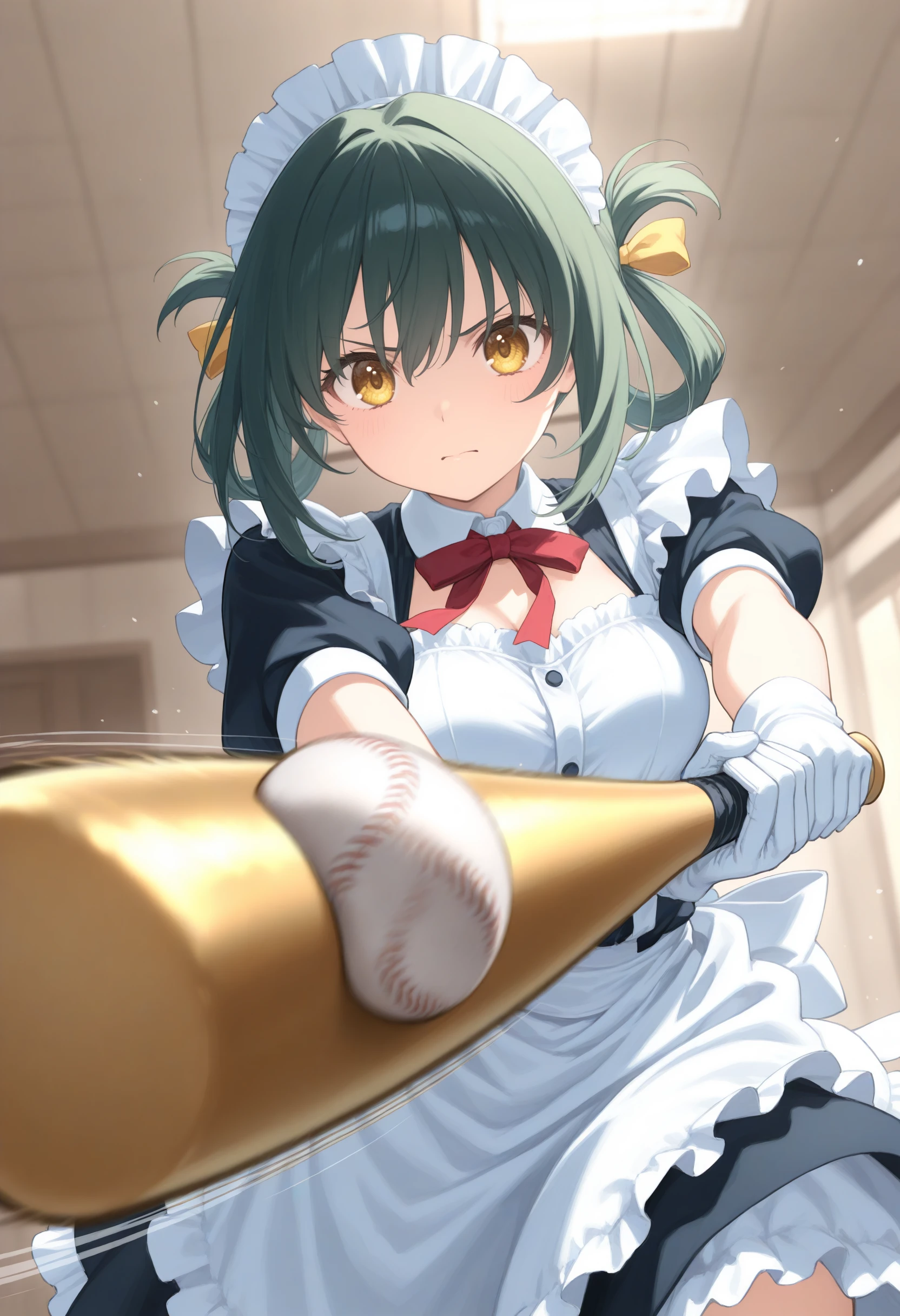 1girl,(sho \(sho lwlw\):0.7),(toosaka asagi:0.5),(sincos:0.3),solo,
masterpiece, best quality, newest, absurdres, CG, anime, source anime, illustration,
maid, maid headdress,medium breasts,
batting stance, baseball bat, baseball, holding baseball bat, motion lines, motion blur, <lora:battingstance_Illust_v2:0.8>, determined,
ceiling, cinematic angle, looking back, green hair, golden eyes,closed mouth, hair rings hair,,