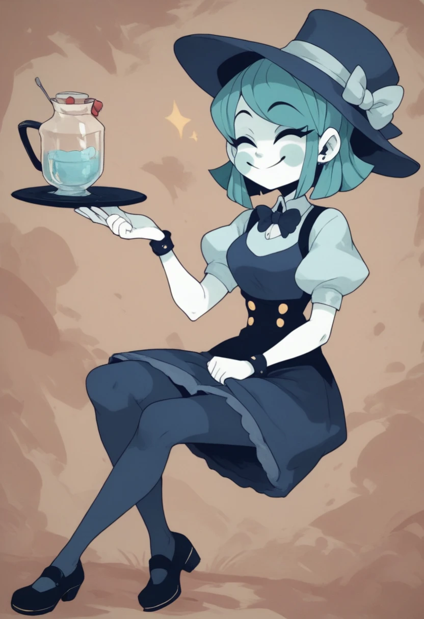 1girl, aqua hair, closed eyes, colored skin, hat, jewelry, puffy short sleeves, short hair, smile, white skin, full body <lora:fake type:1> fake-type <lora:twilight_style_sdxl:1>, score_9_up, score_8_up, score_7_up, score_6_up, masterpiece, best quality,