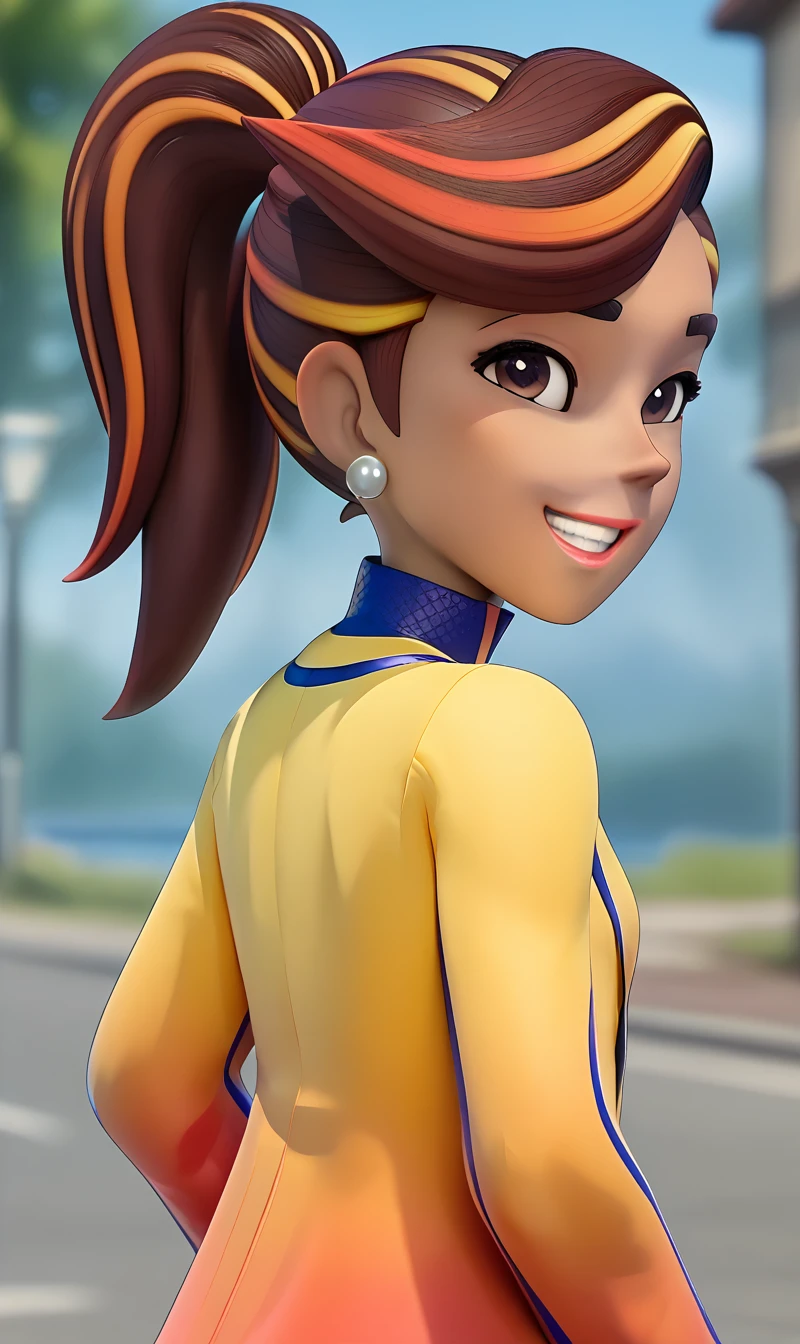 score_9, score_8_up, score_7_up, score_6_up, score_5_up, score_4_up, 3D, Expressiveh, very aesthetic, pretty eyes, intricate iris, perfect eyes, expressive eyes, masterpiece, best quality, BREAK, laDash, ponytail, dark-skinned female, blue suit, textured suit, yellow/orange coat, blue striped coat, (dark skin:1.2), silver earrings, small breasts, brown eyes, brown hair, multicolored hair, yellow/orange hair extensions, BREAK, 1girl, solo, long hair, looking at viewer, smile, long sleeves, jewelry, earrings, outdoors, teeth, looking back, from behind, grin, blurry, lips, blurry background, tight, photo background,