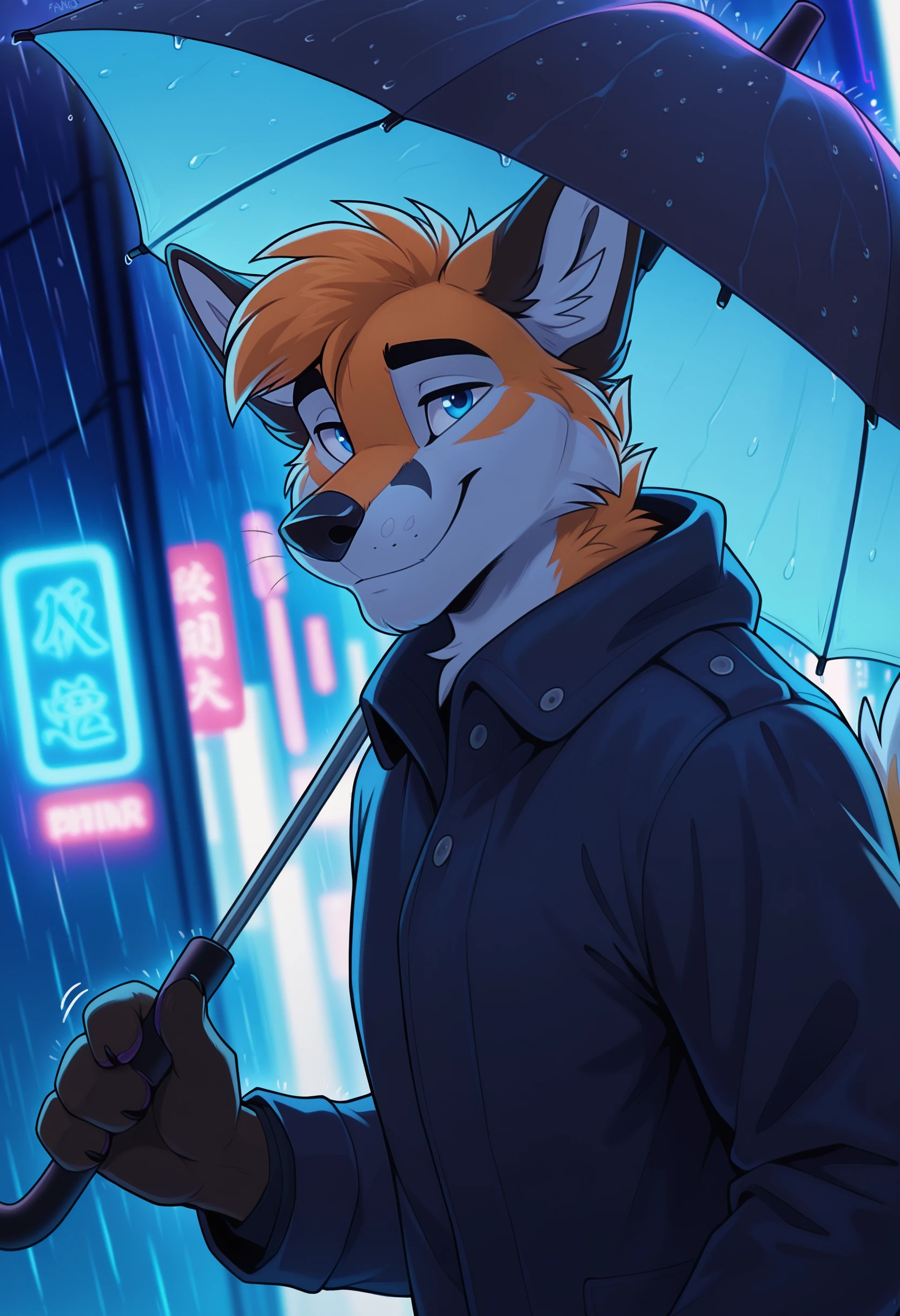 depth of field, blurry background, eye reflections, reflections, dutch angle, anthro, adult, furry, no humans, tail, sound effect, close up, sound effect, motion lines, by ango76, <lora:Ango76_Artist_Style_Illustrious:1.0>, masterpiece, best quality, amazing quality, very aesthetic, absurdres, newest, raining, anthro, mammal, rain, solo, umbrella, fox, 1boy, holding umbrella, clothing, male focus, furry male, holding, furry, coat, canine, canid, hi res, looking at viewer, neon lights, outdoors, night, blue eyes, fur, feline, topwear, outside, clothed, male, tail, animal ears, city, animal nose, long sleeves, closed mouth, cat boy, sign, smile, upper body
