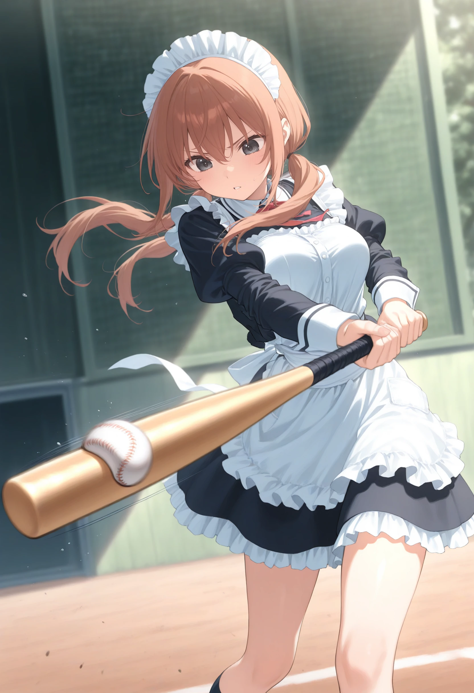 1girl,(sho \(sho lwlw\):0.7),(toosaka asagi:0.5),(sincos:0.3),solo,
masterpiece, best quality, newest, absurdres, CG, anime, source anime, illustration,
maid, maid headdress,medium breasts,
batting stance, baseball bat, baseball, holding baseball bat, motion lines, motion blur, <lora:battingstance_Illust_v2:0.8>, determined,
from behind, feet out of frame, looking down, brown hair, black eyes,parted lips, split ponytail hair,,