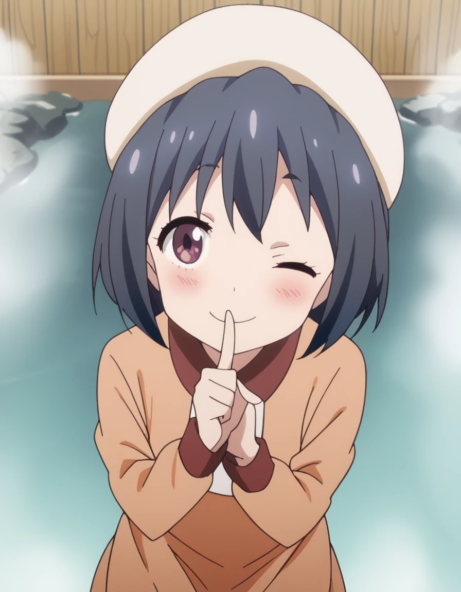 score_9, score_8_up, score_7_up, source_anime, <lora:bijutsu-moeka-s1-ponyxl-lora-nochekaiser:1>, bijutsu moeka, short hair, bangs, black hair, blue hair, purple eyes, anime screencap,, long sleeves, hat, dress, beret,, onsen, hot spring, steam, relaxation, traditional, , <lora:shushing-ponyxl-lora-nochekaiser:1>, shushing, finger to mouth, index finger raised, from above, library, smile, blush, one eye closed, dutch angle,, looking at viewer, solo,, cowboy shot, solo