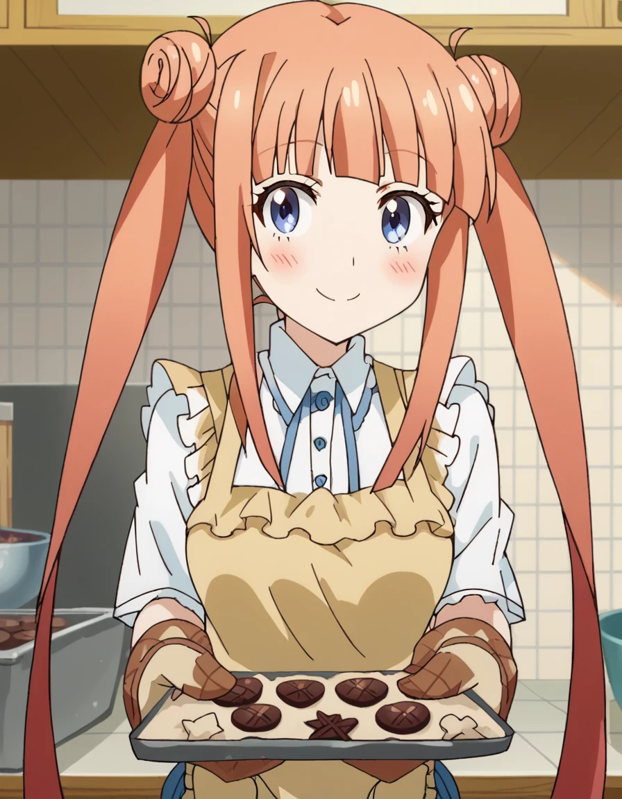score_9, score_8_up, score_7_up, source_anime, <lora:maria-imari-s1-ponyxl-lora-nochekaiser:1>, maria imari, long hair, twintails, blue eyes, hair bun, orange hair, double bun, medium breasts, anime screencap,, <lora:baking-cookies-ponyxl-lora-nochekaiser:1>, baking cookies, looking at viewer, blush, smile, gloves, holding, frills, food, indoors, apron, chocolate, cookie, oven mitts,, , cowboy shot, solo