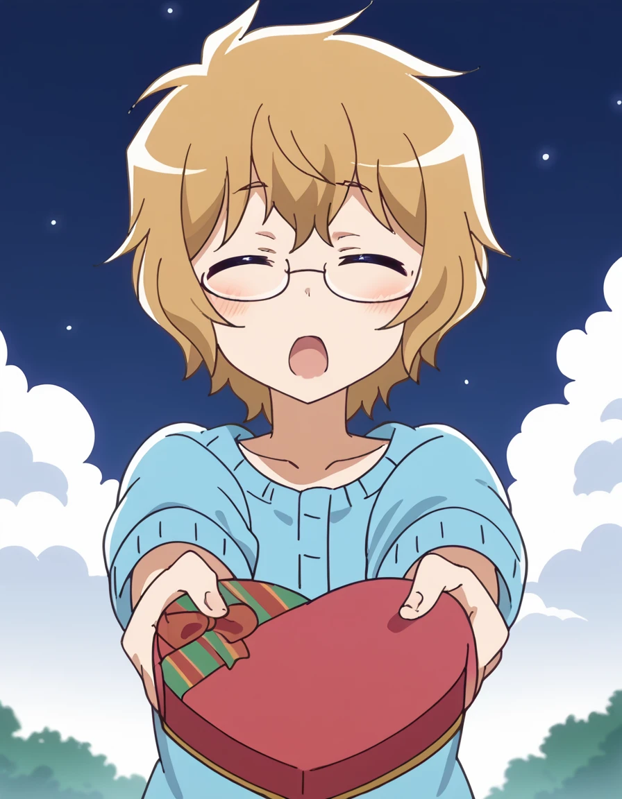 score_9, score_8_up, score_7_up, source_anime, <lora:mayura-momouchi-s1-ponyxl-lora-nochekaiser:1>, mayura momouchi, short hair, blue eyes, blonde hair, brown hair, glasses, medium breasts, anime screencap,, <lora:heart-shaped-box-ponyxl-lora-nochekaiser:1>, heart-shaped box, holding, box, gift, valentine, incoming gift, closed eyes, blush, open mouth, outstretched arms, outdoors, night sky, clouds, shouting,, , cowboy shot, solo