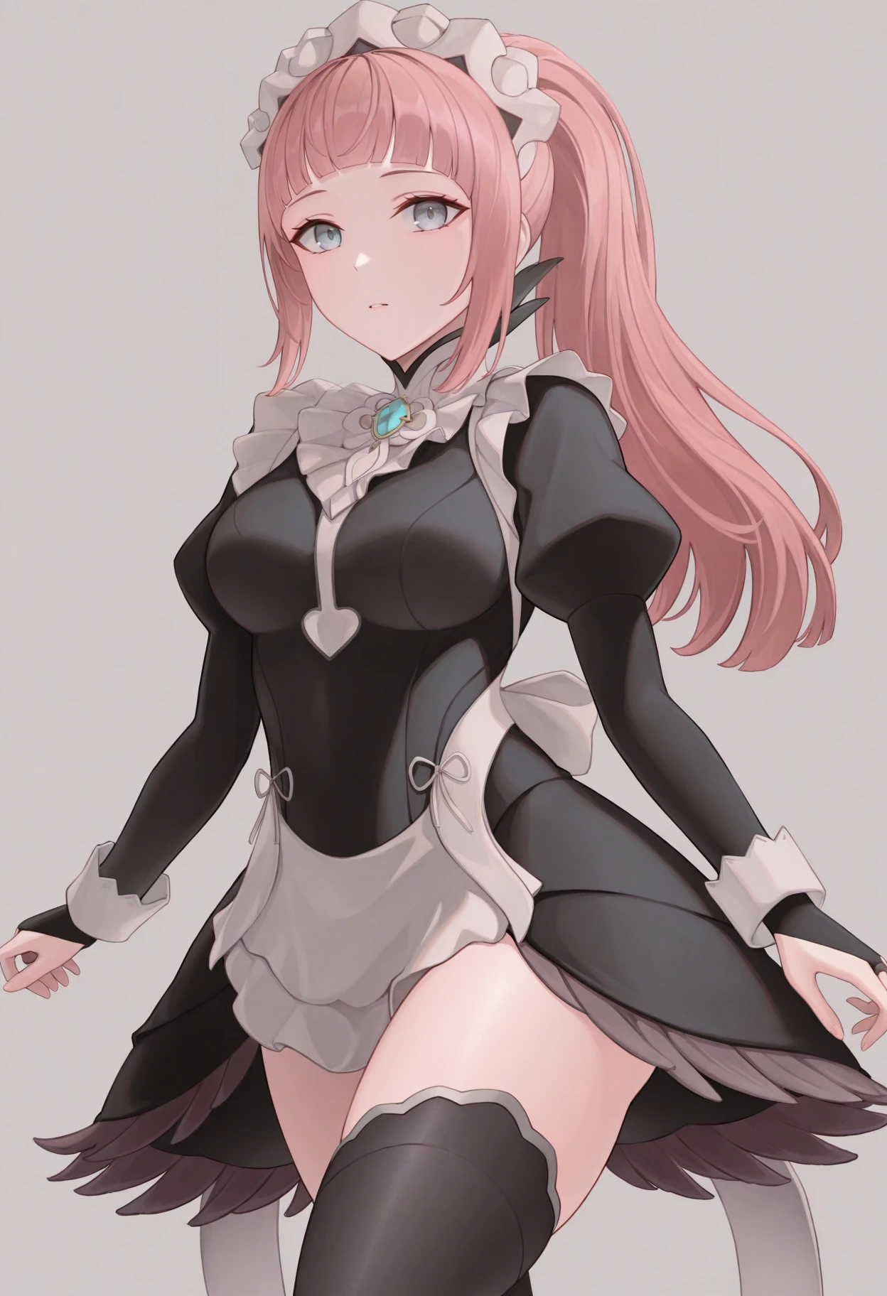 masterpiece, best quality, absurdres, highres, newest, 1girl, solo, <lora:chowbie-artist-richy-v1_ixl:1> <lora:felicia-fe-richy-v1_ixl:1> f1cdf, blue eyes, pink hair, long hair, ponytail, sidelocks, blunt bangs, maid headdress, black feathered collar, blue brooch, medium breasts, maid, juliet sleeves, maid apron, bridal gauntlets, black thighhighs, thighs, standing, simple background, looking at viewer,