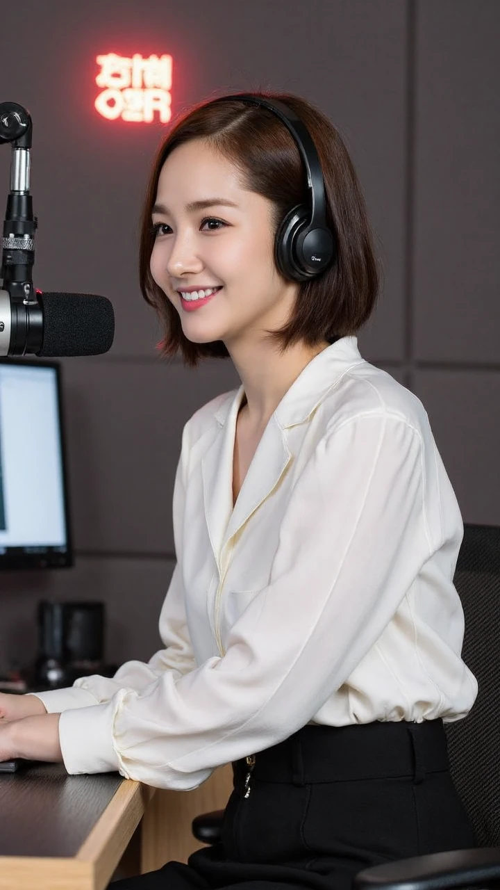 A young female broadcaster dressed in a simple white shirt paired with high-waisted black dress pants, giving off a neat and professional look. She is wearing professional over-ear headphones and is sitting at the broadcasting desk, attentively broadcasting live. Her short black hair is clean and tidy, with bangs naturally draping down, and her makeup is translucent and natural. She is focused on the script in front of her, her hands resting lightly on the edge of the audio console. Her expression is serious yet professional, her eyes radiating brightness, and a warm and kind smile graces her lips, showcasing the charm of a professional woman.
The scene is set in a softly lit broadcast studio, with a red "ON AIR" indicator light emitting a gentle glow on the wall. In front of her are professional broadcasting equipment, including a microphone, an audio console, and monitors. The walls of the room are lined with acoustic panels, creating a professional recording environment. The angle chosen for the shot is a 45-degree side view, capturing both the broadcaster’s focused profile and the professional studio setup and environment. Warm-toned lighting is used, adding a sense of warmth to the shot, embodying the affectionate and tender atmosphere of the radio station.
