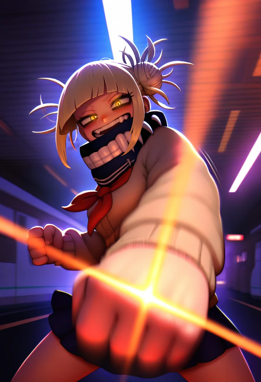 best quality, amazing quality, very aesthetic, absurdres, kunitarou-art,
BREAK
1girl, boku no hero academia, toga himiko, cardigan, skirt, glowing eyes, yellow eyes, looking at viewer, ((punching, incoming attack, motion lines, motion blur, foreshortening)), perspective, horror \(theme\), dark, night, train station, <lora:KunitaroNoobLocon_byKonan:1>