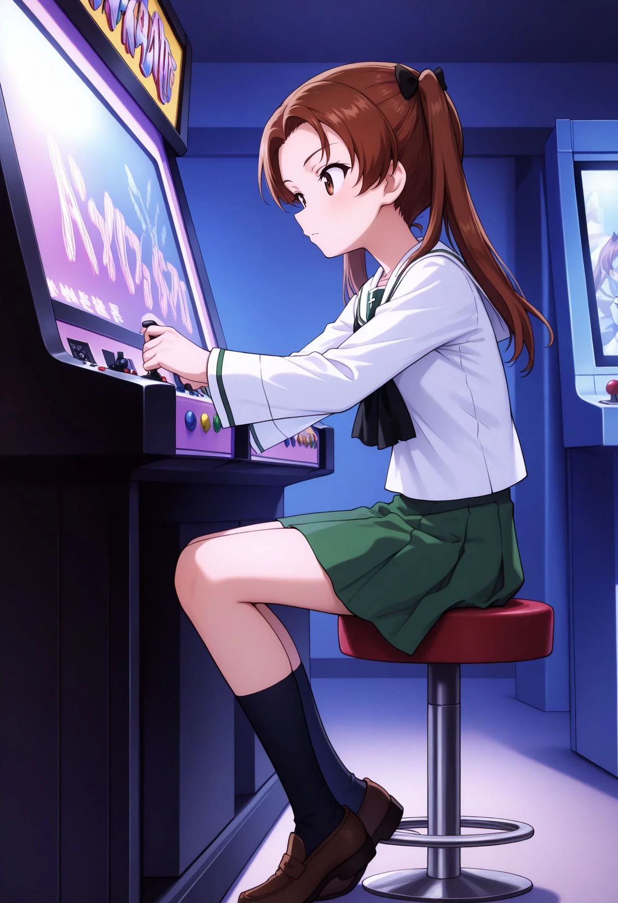 masterpiece,best quality,absurdres,highres,very aesthetic,high quality,detailed,insanely detailed,beautiful,perfect lighting, arcade, arcade cabinet, indoors, joystick, playing games, sitting, stool, looking at screen, from side,
<lora:Anzu gup illu:1> 1girl, anzudef, brown hair, brown eyes, twintails, long hair, parted bangs, hair bow, ooarai school uniform,white sailor collar,black neckerchief,white shirt,long sleeves,green skirt,black socks,loafers