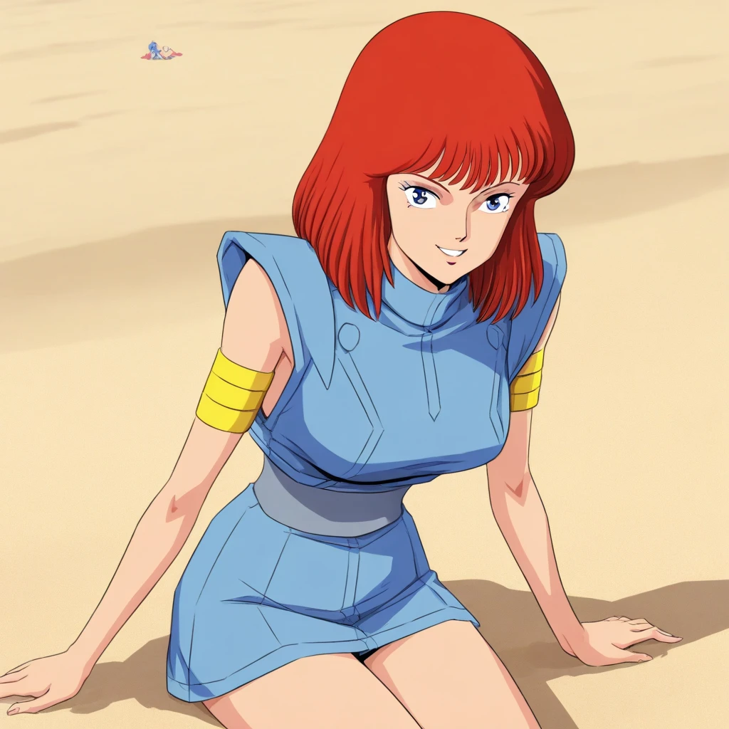 gaw ha leccee, gaw_ha_leccee, l-gaim, red hair, blue eyes, medium hair, blue outfit, large breasts, 1girl, solo, sitting at beach, smiling