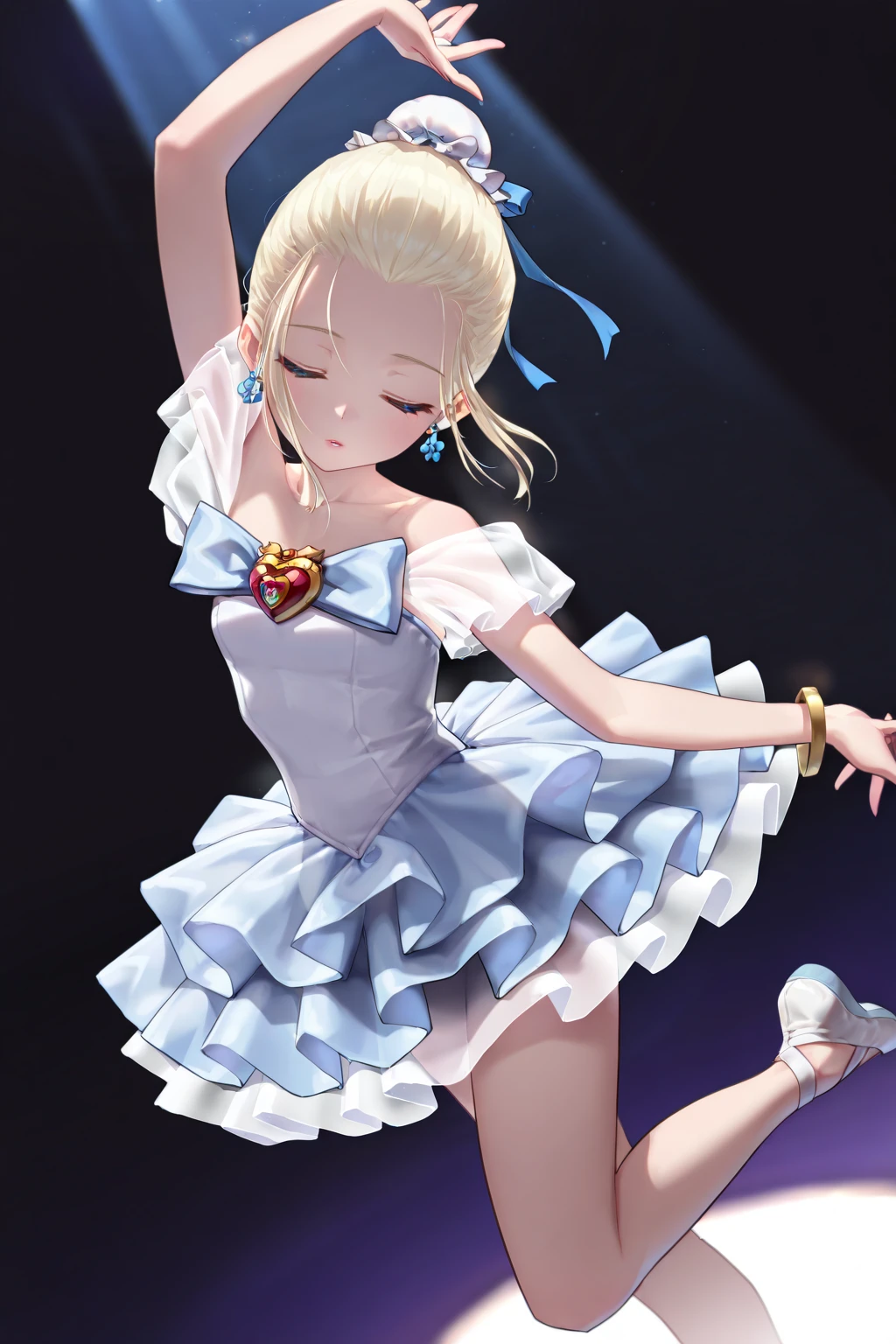 (Masterpiece, best quality:1.3), top quality, 8k resolution, full body, (ultra-detailed, hyperdetailed), traditional media, 2d, nadja, (solo), blue eyes, arm up, hand up, dancing, tutu, blue tutu, bare shoulders, short sleeves, see-through sleeves, waist bow, heart brooch, jewelry, bracelet, earrings, (single hair bun:1.3), (bun cover, long sidelocks:1.1), lipstick, ribbon, (cowboy shot:1.1), glossy lips, strapless, closed eyes, gentle expression, ballet shoes, en pointe, leg up, gorgeous visual, (no bangs:1.2), (dark, dark theme:1.2), low key lighting, dutch angle, (deep depth of field), cinematic,, extremely detailed, dreamy, bloom, glowing, see-through, simple background, BREAK, amazing quality, very aesthetic,high resolution, ultra-detailed,absurdres, newest, spotlight, black background, (blue and white theme:1.3)