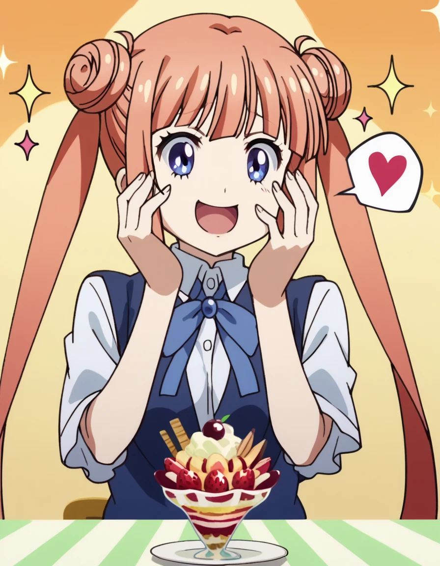 score_9, score_8_up, score_7_up, source_anime, <lora:maria-imari-s1-ponyxl-lora-nochekaiser:1>, maria imari, long hair, twintails, blue eyes, hair bun, orange hair, double bun, medium breasts, anime screencap,, <lora:parfait-ponyxl-lora-nochekaiser:1>, parfait, open mouth, heart, food, sparkle, fruit, happy, hand on own face, spoken heart, ice cream, strawberry, spoon, hand on own cheek, cherry, holding spoon,, , cowboy shot, solo