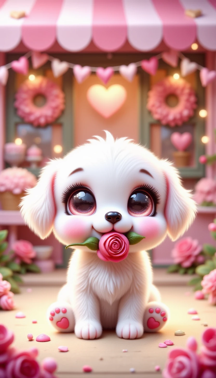 pinkchibivalentine,
A chibi puppy with big sparkling eyes, holding a rose in its mouth, sitting in front of a candy shop decorated with heart-shaped wreaths and pastel-colored banners fluttering in the breeze.