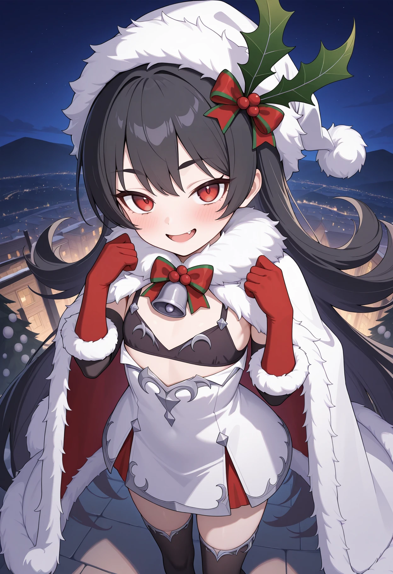 highres, best quality, masterpiece, outdoors, night, lights,
1girl, solo, pcrilya, black hair, very long hair, red eyes, flat chest,
ilyamas, christmas, santa hat, holly, white headwear, white dress, bow, bell, black bra, fur collar, fur-trimmed cape, white cape, fur-trimmed gloves, black elbow gloves, red gloves, black thighhighs,
looking at viewer, blush, smile, fang, open mouth,
hands up, standing, from above,
<lora:_ilya_pcr-elesico-ilxl-rev2:1>