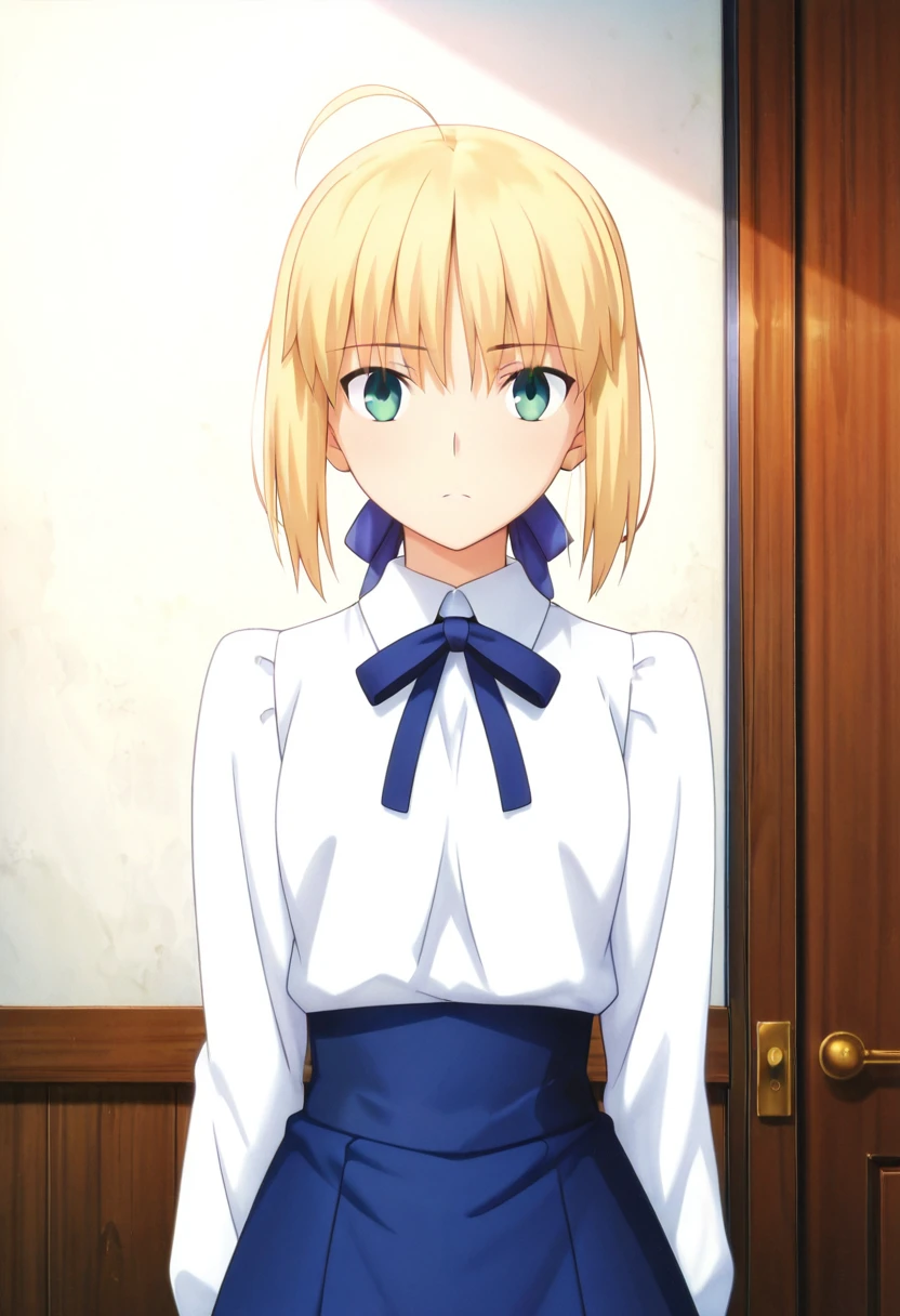 masterpiece, best quality, absurdres, detailed skin, detailed face, detailed eyes, anime colored, anime screencap, anime colored,
<lora:Artoria_Pendragon:0.8>, artoria pendragon, 1 girl, green eyes, hair ribbon, white shirt, neck ribbon, blue skirt,
cowboy shot,