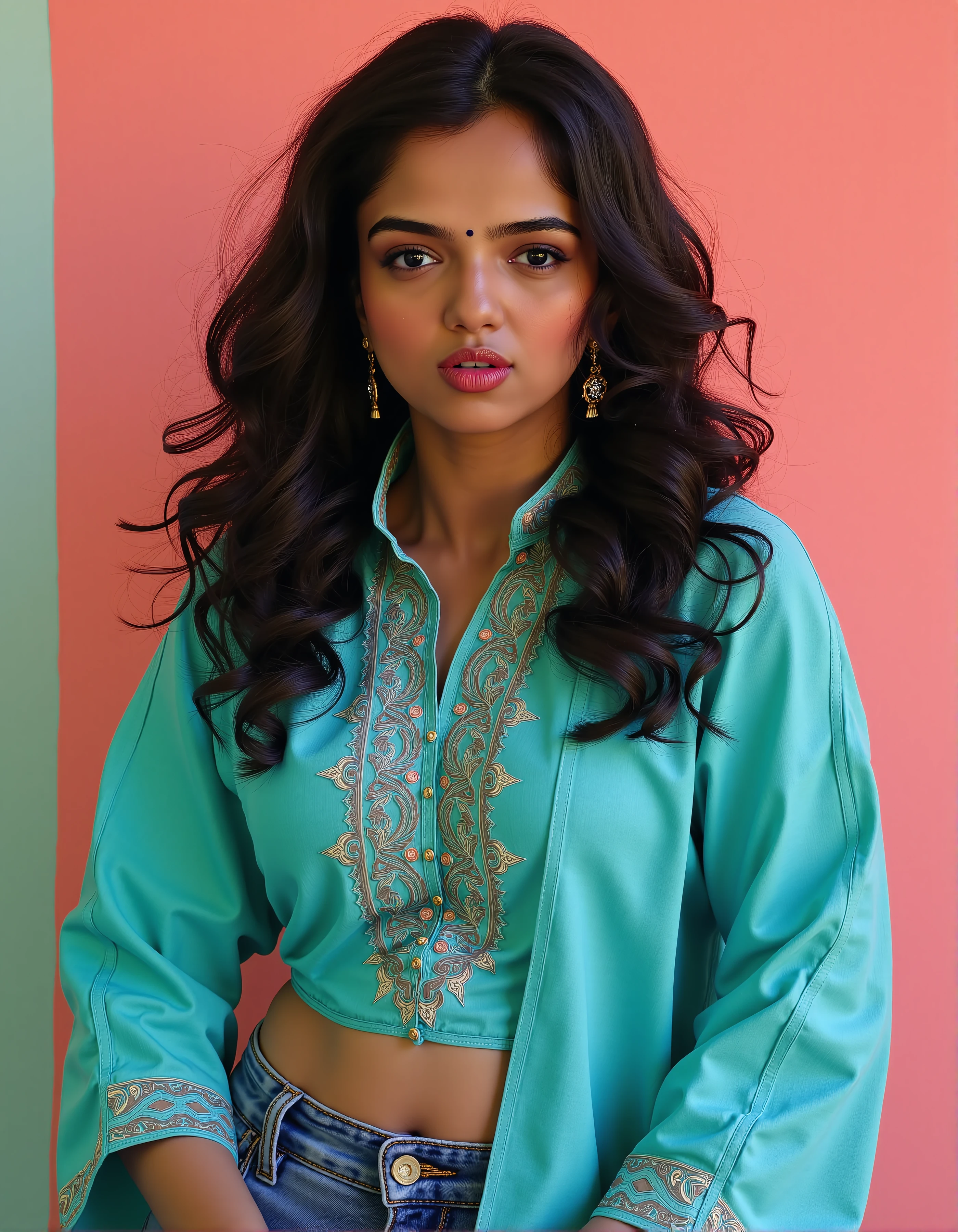 cowboy shot photo of Ahsaas Channa woman, thin waist with hourglass figure, hyper realistic candid photo, angry,studio quality, wearing intricate conservative long sleeved Turquoise kurta_with_Jeans, curls, pastel shaded multicolored background, cinematic lighting, <lora:Ahsaas_Channa_Flux_Kohya_V1:1>âââ