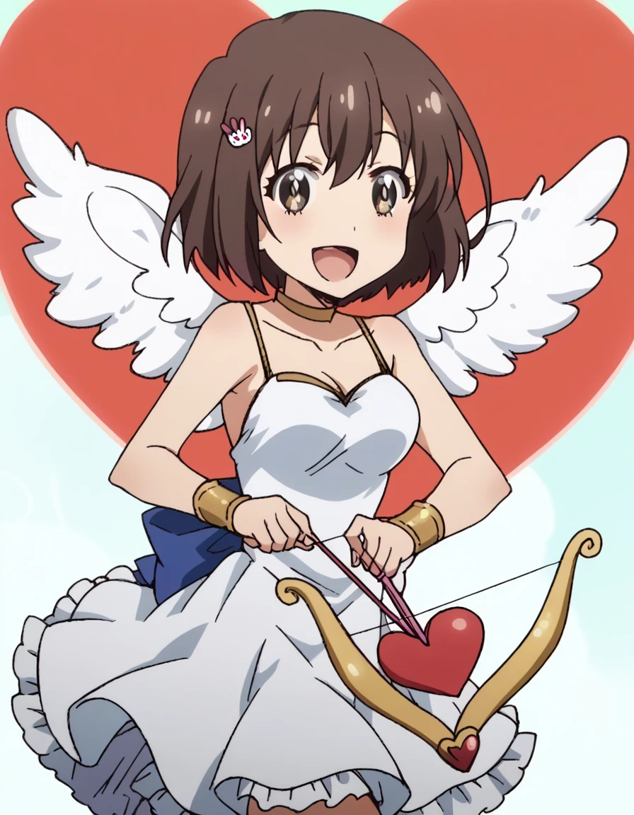 score_9, score_8_up, score_7_up, source_anime, <lora:mizuki-usami-s1-ponyxl-lora-nochekaiser:1>, mizuki usami, short hair, brown hair, hair ornament, hairclip, brown eyes, medium breasts, anime screencap,, <lora:cupid-ponyxl-lora-nochekaiser:1>, cupid, dress, bare shoulders, weapon, heart, wings, bow (weapon), arrow (projectile), angel, smile, open mouth, heart arrow,, , cowboy shot, solo
