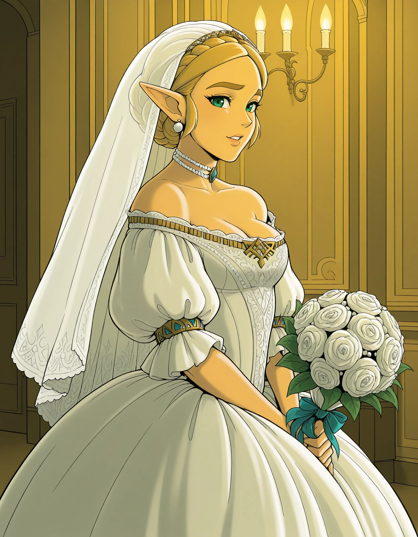 1girl, solo, indoors, ballroom, princess zelda, the legend of zelda: breath of the wild, chandeliers, bridal veil, holding bouquet, hands in lap, white lace, frills, sparkling, gem, pearls, curls, puffy sleeves, off-shoulder, baroque, pearl choker, pearl earrings, elegant, complicated, ornate, <lora:MITIMChristine-ILXL2025-01-26_20-17-26-save-294-42-0:0.8> looking at viewer, excited, <lora:Style_soph-Roberts-ILXL:0.9> r0b3rts, hard shadows, from side, masterpiece, best quality, very aesthetic, newest