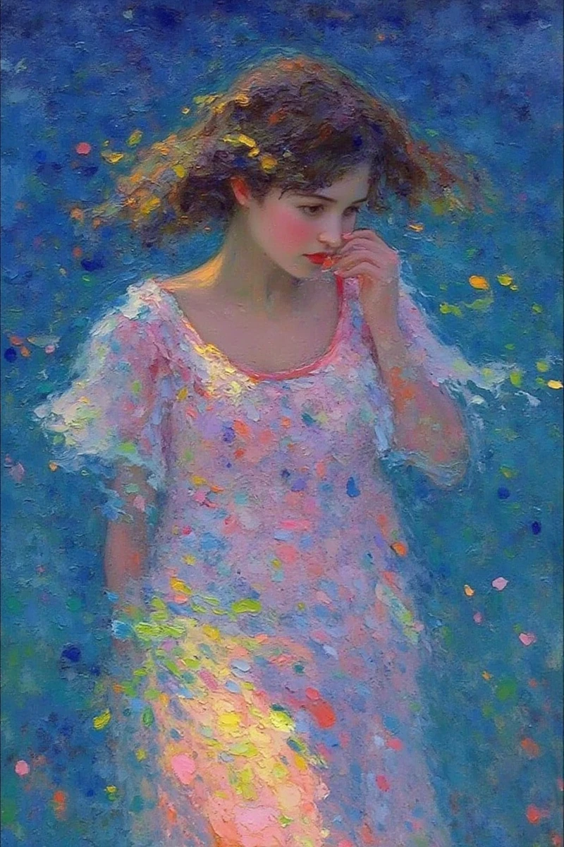 Impressionist_Style,oil painting,captures the essence of impressionism with its vibrant,luminous portrayal of a figure immersed in water. The artwork features a person with flowing hair and a dress that seems to blend with the surrounding water,creating a sense of unity with nature. The use of light is striking,with a warm glow that emanates from the figure,contrasting beautifully against the cool blues of the water.,
The brushwork,if this were an oil painting,would likely be loose and expressive,focusing on the interplay of colors and light rather than precise details. The colors are rich and dynamic,with a spectrum of blues,purples,and warm yellows that create a dreamlike atmosphere. The figure's pose is serene and contemplative,adding an emotional depth to the scene.,
Overall,the image embodies the impressionist ideal of capturing the momentary,sensory effect of a scene,using color and light to convey mood and emotion.,
impressionistic style,Loose Brushwork,Impasto,Capturing Light and Atmosphere,Optical Mixing,impressionistic painting,Oil Painting,The brushstrokes are bold and textured,creating a dynamic lively scene,by Claude Monet,by Renoir,by Edgar Degas,by Camille Pissarro,
