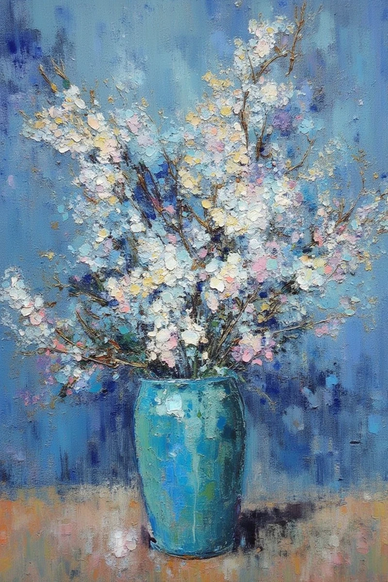Impressionist_Style,This impressionist-style oil painting depicts a bouquet of flowers in a vase,rendered with a rich palette of blues,whites,and subtle hints of yellow. The brushwork is loose and expressive,with thick,visible strokes that capture the essence of the flowers rather than their precise details. The background is a textured blend of cool tones that contrast with the warmth of the flowers,enhancing their vibrancy.,
The vase is suggested with broad strokes of blue and green,its form emerging from the canvas with a sense of depth. The painting's focus on color and light,rather than meticulous realism,is characteristic of impressionism. It conveys a moment of beauty,emphasizing the artist's perception of the scene. The overall effect is one of freshness and the transient nature of floral beauty,encapsulating the impressionist ideal of capturing the sensory experience of light and color.,
impressionistic style,Loose Brushwork,Impasto,Capturing Light and Atmosphere,Optical Mixing,impressionistic painting,Oil Painting,The brushstrokes are bold and textured,creating a dynamic lively scene,by Claude Monet,by Renoir,by Edgar Degas,by Camille Pissarro,