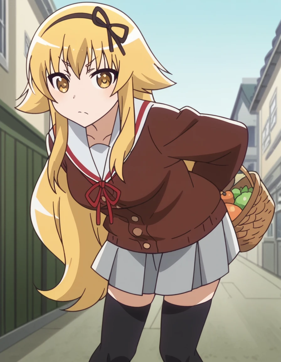 score_9, score_8_up, score_7_up, source_anime, <lora:konoha-suetsugi-s1-ponyxl-lora-nochekaiser:1>, konoha suetsugi, long hair, blonde hair, yellow eyes, hairband, hair flaps, medium breasts, anime screencap,, skirt, thighhighs, ribbon, school uniform, serafuku, black thighhighs, cardigan, brown cardigan,, farmers market, fresh produce, local vendors, baskets, sunny day, community, , hands behind back, bent over,, looking at viewer, solo,, cowboy shot, solo
